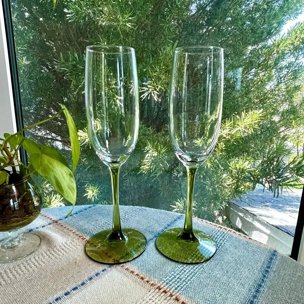 Set of 2 Pier 1 Pantiago Olive Green Champagne Flutes 9.25”